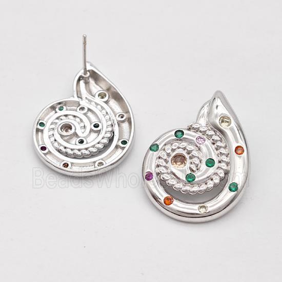 Copper Stud Earrings Micro Pave Zirconia Nautilus Shell Platinum Plated