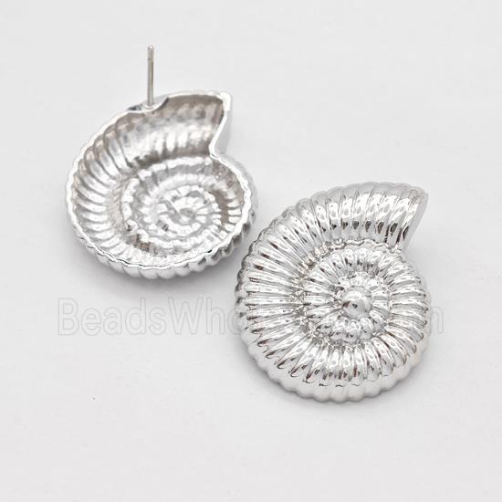 Copper Stud Earrings Nautilus Shell Platinum Plated