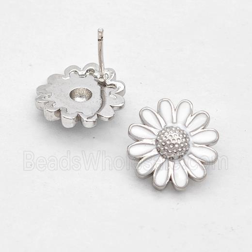 Copper Sunflower Stud Earrings White Enamel Platinum Plated