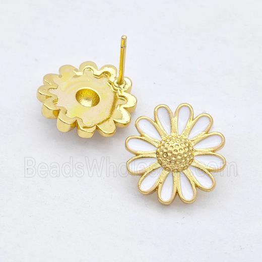Copper Sunflower Stud Earrings White Enamel Gold Plated