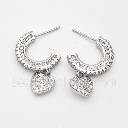 Copper Stud Earrings Micro Pave Zirconia Heart Platinum Plated