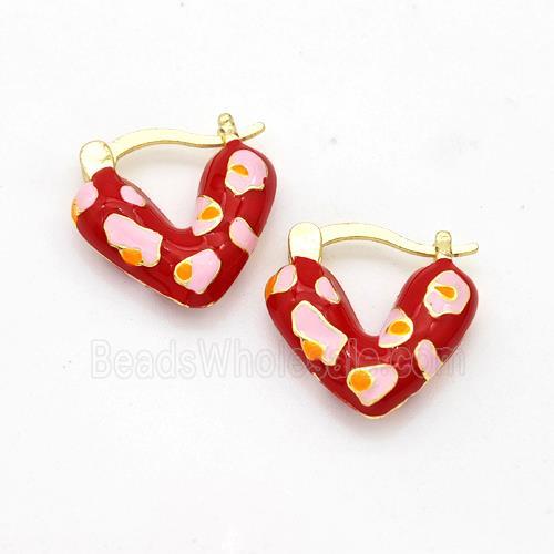 Copper Latchback Earrings Heart Red Enamel Gold Plated