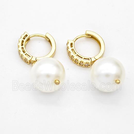Copper Hoop Earrings Pave Zirconia White Pearlized Plastic Gold Plated
