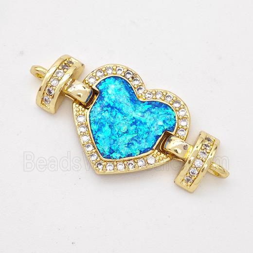 Copper Connector Pave Blue Fire Opal Zirconia Heart 18K Gold Plated