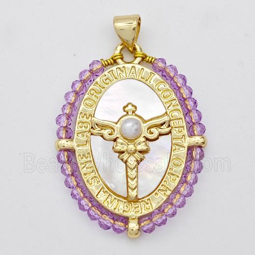 Copper Oval Pendant Pave Shell Angel Wing Cross Crystal Glass Wire Wrapped 18K Gold Plated