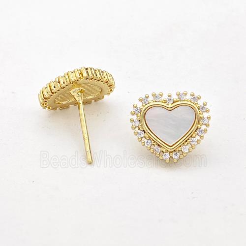 Copper Heart Stud Earrings Pave Shell Zirconia 18K Gold Plated