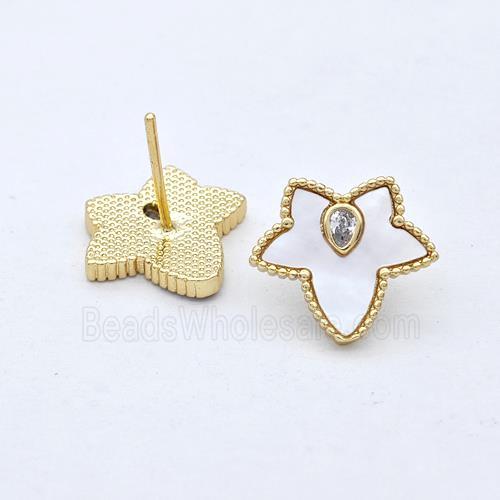 Copper Leaf Stud Earrings Pave Zirconia Maple 18K Gold Plated