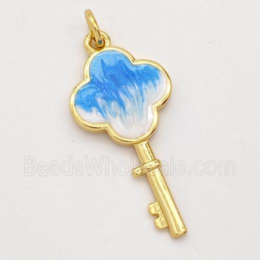 Copper Key Pendant Blue Painted 18K Gold Plated