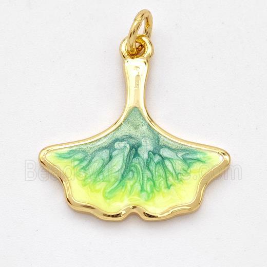 Copper Ginkgo-Leaf Pendant Yellowgreen Painted 18K Gold Plated
