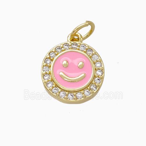 Copper Emoji Pendant Pave Zirconia Pink Enamel Smile Face Gold Plated