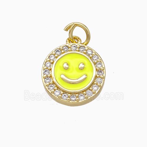 Copper Emoji Pendant Pave Zirconia Yellow Enamel Smile Face Gold Plated