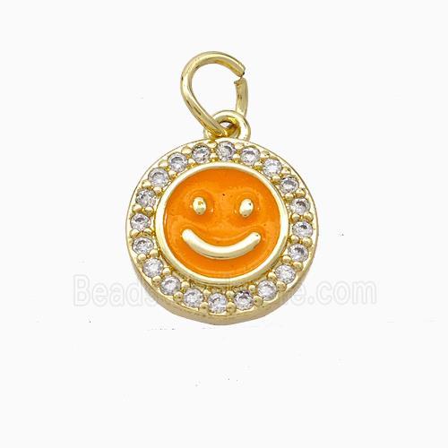 Copper Emoji Pendant Pave Zirconia Orange Enamel Smile Face Gold Plated