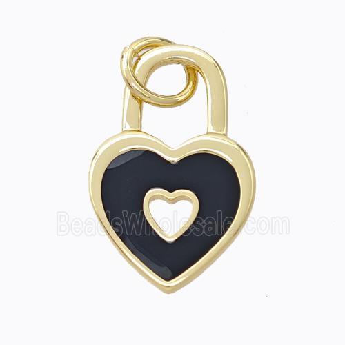 Copper Heart Lock Pendant Black Enamel Gold Plated