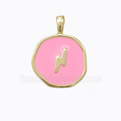 Copper Lightning Pendant Pink Enamel Circle Gold Plated