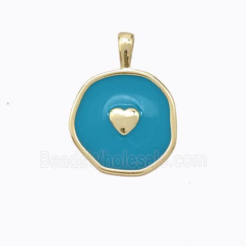 Copper Heart Pendant Teal Enamel Circle Gold Plated