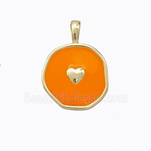 Copper Heart Pendant Ornage Enamel Circle Gold Plated