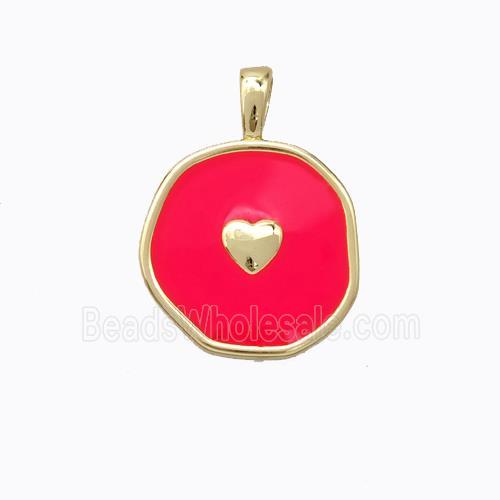 Copper Heart Pendant Red Enamel Circle Gold Plated