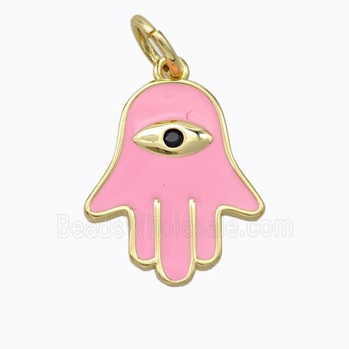Copper Hamsahand Pendant Pink Enamel Eye Gold Plated