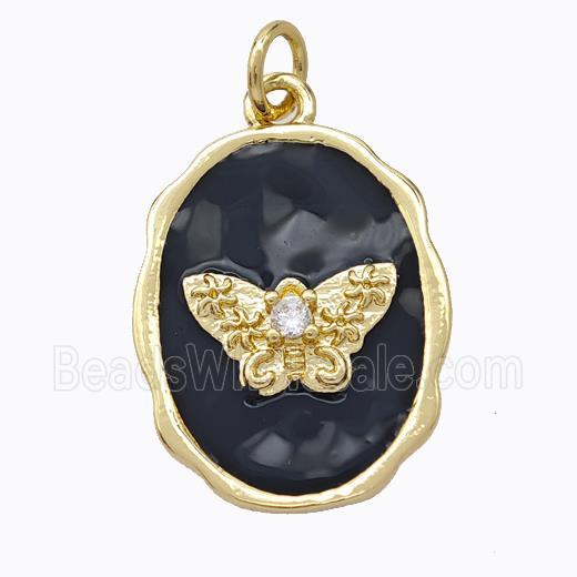 Copper Butterfly Pendant Pave Zirconia Black Enamel Oval Gold Plated