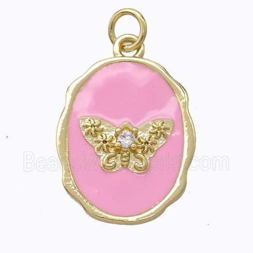 Copper Butterfly Pendant Pave Zirconia Pink Enamel Oval Gold Plated