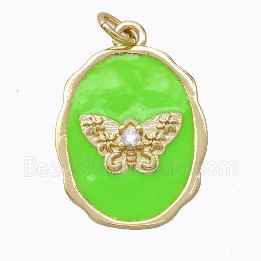 Copper Butterfly Pendant Pave Zirconia Green Enamel Oval Gold Plated