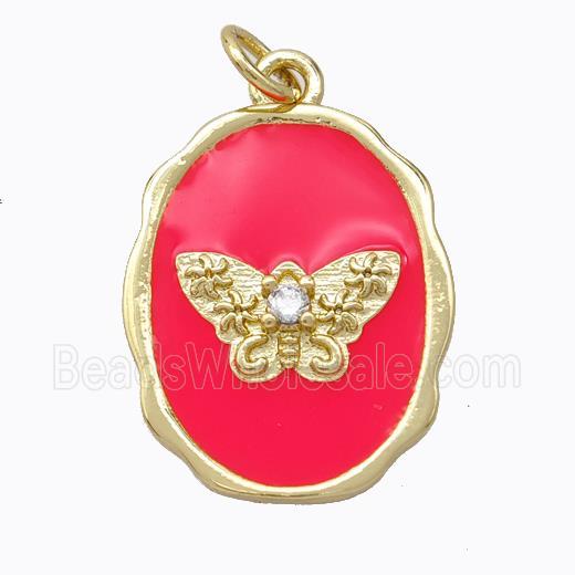 Copper Butterfly Pendant Pave Zirconia Red Enamel Oval Gold Plated