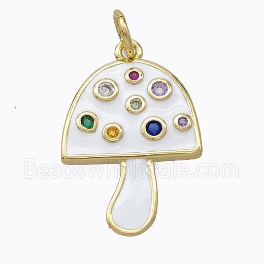 Copper Mushroom Pendant Micro Pave Zirconia White Enamel Gold Plated