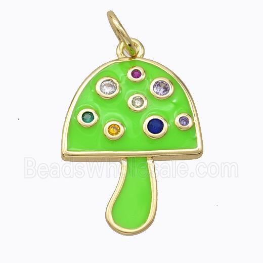 Copper Mushroom Pendant Micro Pave Zirconia Green Enamel Gold Plated