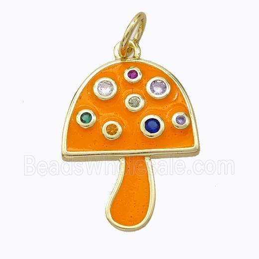 Copper Mushroom Pendant Micro Pave Zirconia Orange Enamel Gold Plated