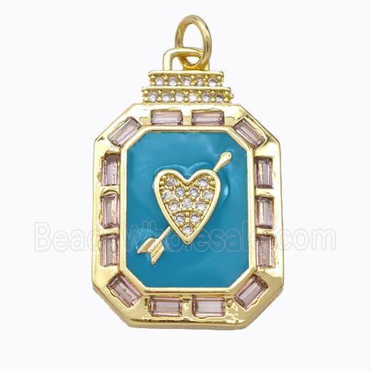 Cupid Arrow Heart Charms Copper Pendant Pave Zirconia Teal Enamel Rectangle Gold Plated