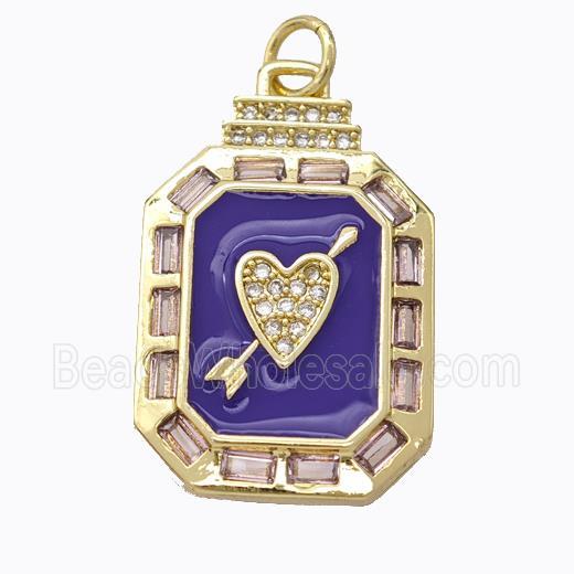 Cupid Arrow Heart Charms Copper Pendant Pave Zirconia Purple Enamel Rectangle Gold Plated