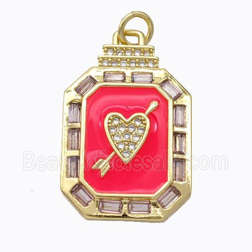 Cupid Arrow Heart Charms Copper Pendant Pave Zirconia Red Enamel Rectangle Gold Plated