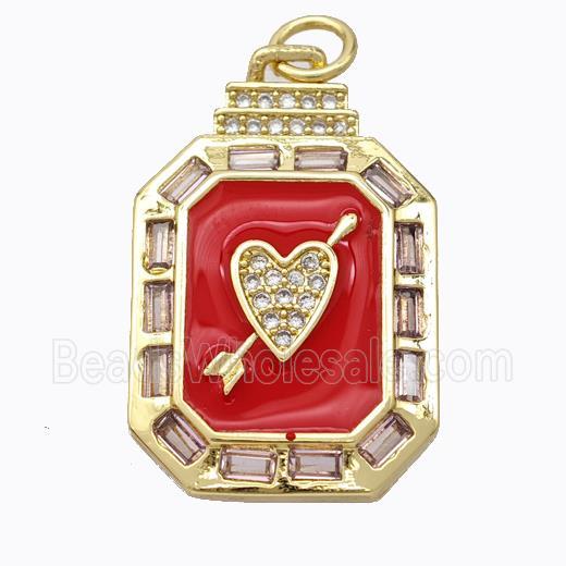 Cupid Arrow Heart Charms Copper Pendant Pave Zirconia Red Enamel Rectangle Gold Plated