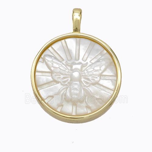 Copper Circle Pendant Pave Shell Butterfly Gold Plated