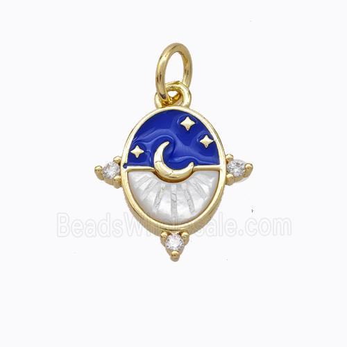 Copper Moon Pendant Pave Shell Blue Enamel Star Gold Plated