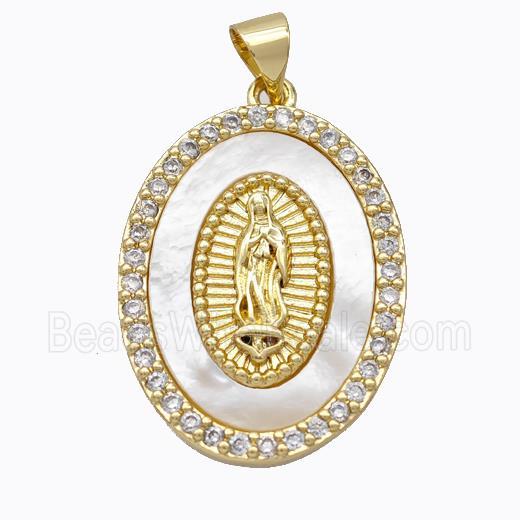 Jesus Charms Copper Oval Pendant Pave Shell Zirconia Gold Plated