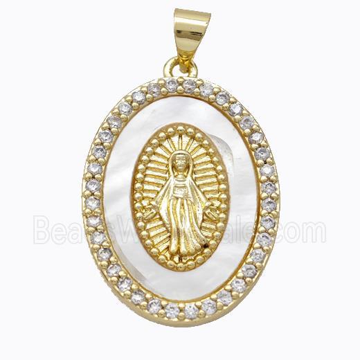 Virgin Mary Charms Copper Oval Pendant Pave Shell Zirconia Gold Plated
