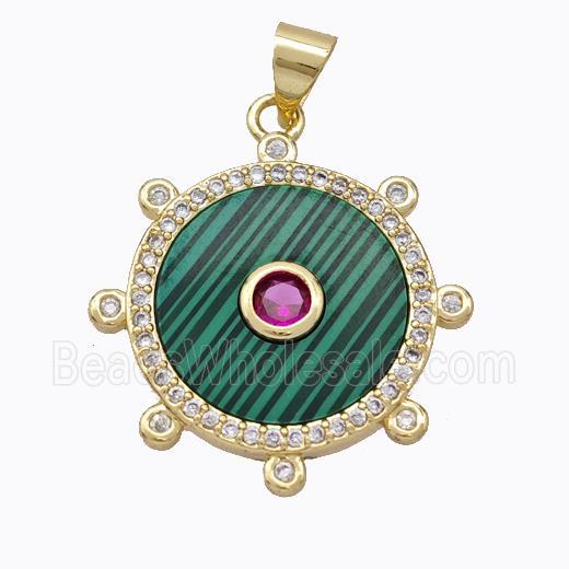 Copper Circle Pendant Pave Malachite Zirconia Gold Plated