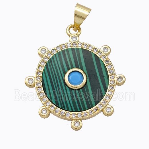 Copper Circle Pendant Pave Malachite Zirconia Gold Plated