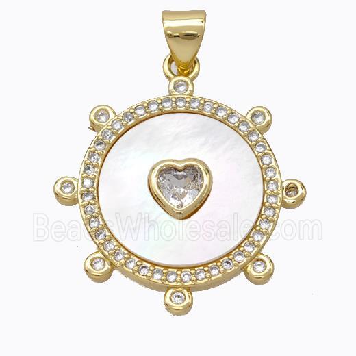 Copper Circle Pendant Pave Shell Heart Zirconia Gold Plated
