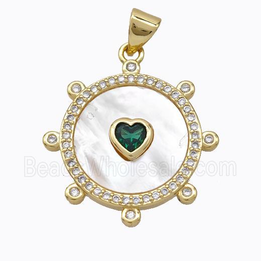 Copper Circle Pendant Pave Shell Heart Zirconia Gold Plated