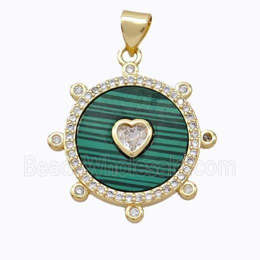 Copper Circle Pendant Pave Malachite Heart Zirconia Gold Plated