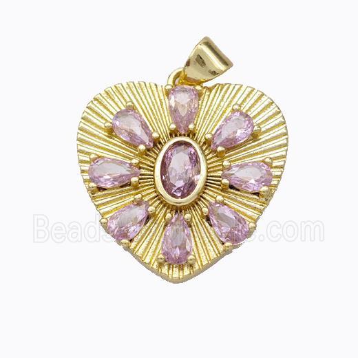 Copper Heart Pendant Micropave Pink Zirconia Gold Plated
