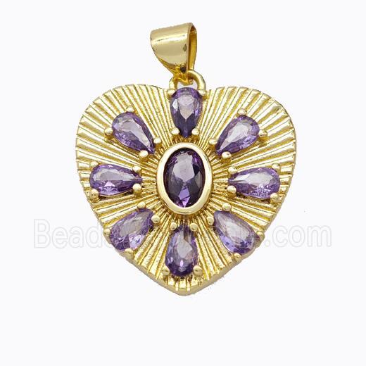 Copper Heart Pendant Micropave Purple Zirconia Gold Plated