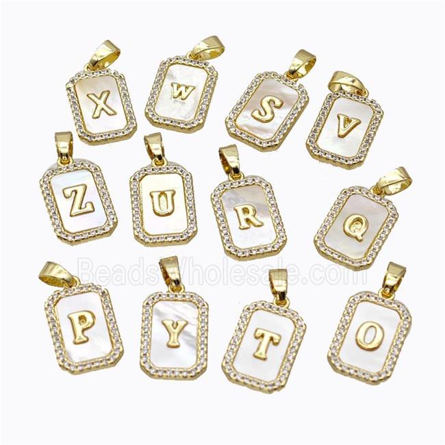 Copper Letter Pendant Micro Pave Shell Zirconia Rectangle Mixed Alphabet Gold Plated