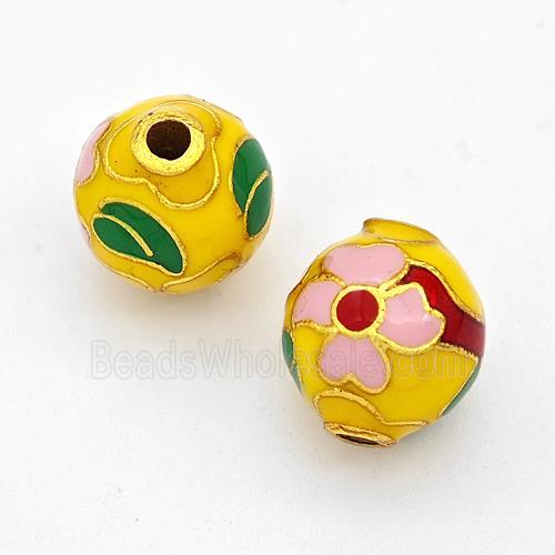 Copper Round Beads Cloisonne Multicolor Flower Gold Plated