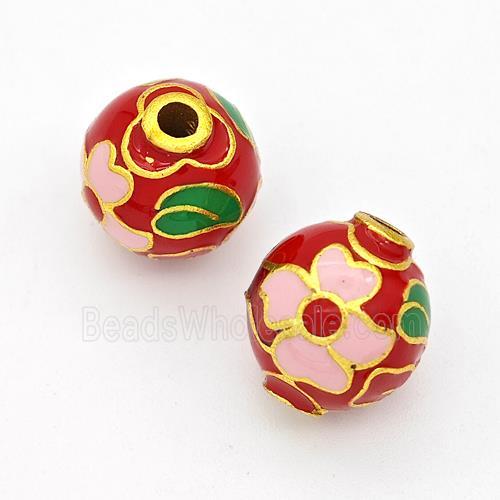 Copper Round Beads Cloisonne Multicolor Flower Gold Plated