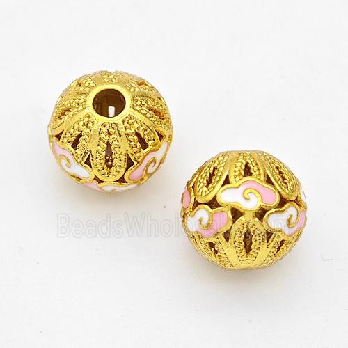 Copper Round Beads Pink Painted Cloud Gold Plated