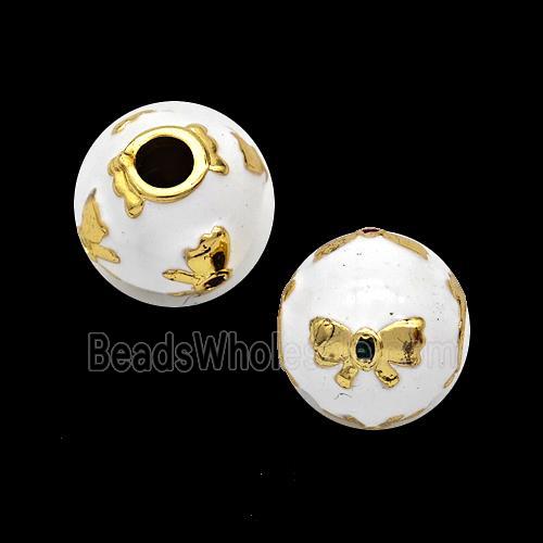 Copper Round Beads White Enamel Butterfly Gold Plated