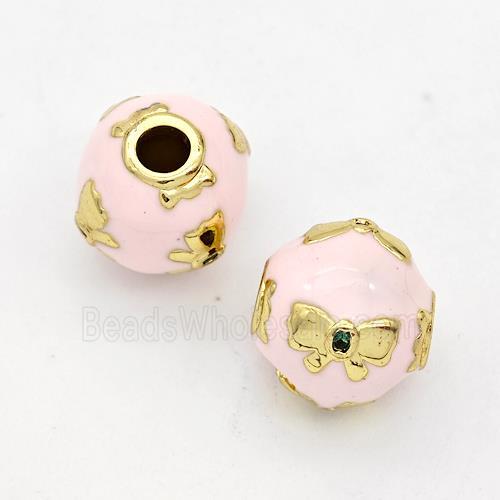 Copper Round Beads Pink Enamel Butterfly Gold Plated